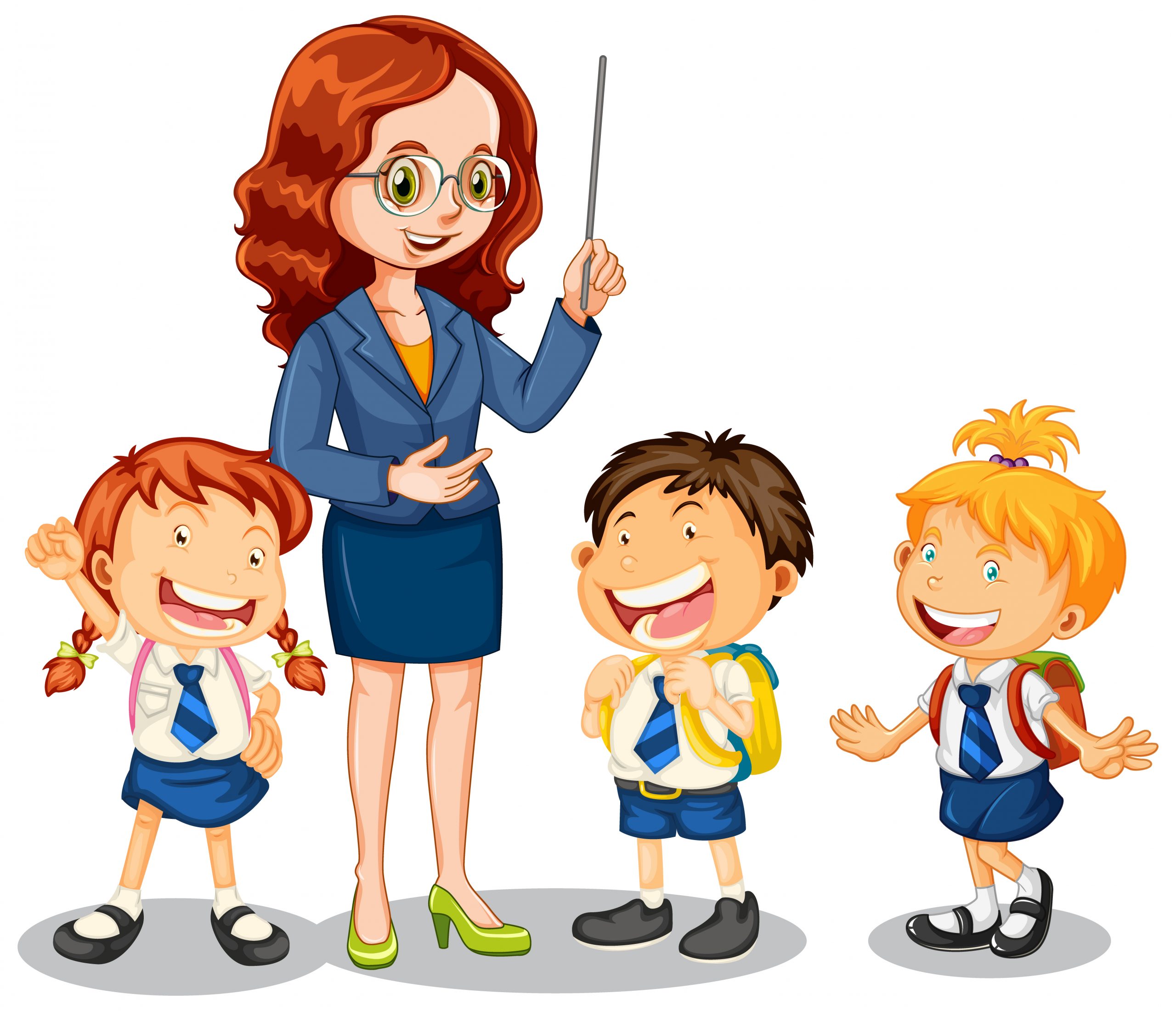 Teacher talking with her students on white background